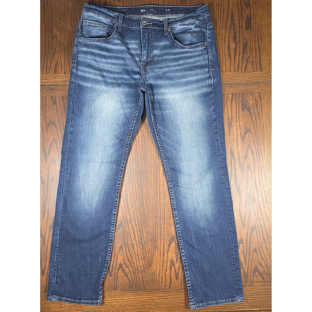 BKE Nolan Mens Straight Leg Jeans 36x32 Medium Wash Whiskered Denim